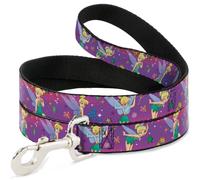 Dog Leash Tinker Bell Poses/Flowers/Stars/Skull Purple WIDE 1.5"