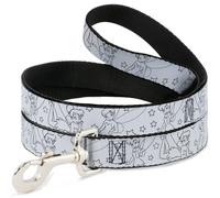 Dog Leash Tinker Bell Poses/Stars Outline White/Black WIDE 1.5"