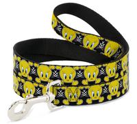 Dog Leash Tweety Bird & Crossbones Black/White/Yellow WIDE 1.5"