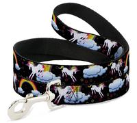 Dog Leash Unicorns/Rainbows/Stars Black NARROW 0.5"
