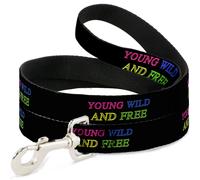 Dog Leash YOUNG WILD AND FREE Outline Black/Multi Neon WIDE 1.5"