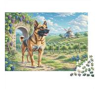 Dogo Argentino - Carta spessa e resistente - Pastore Tedesco nel vigneto con mulino a vento - Puzzle per anziani - Regalo Secret Santa rilassante - 70x50cm/1000 pezzi
