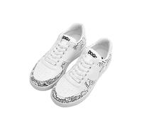 DOGO Femme Cuir Vegan Blanc Baskets - Chaussures de Marche Confortables et Décontractées Faites à la Main, Bon Voyage Motif