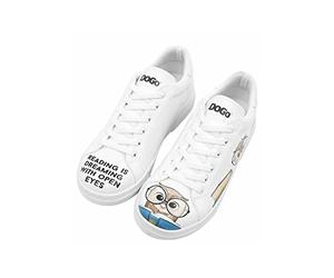 DOGO Femme Cuir Vegan Blanc Baskets - Chaussures de Marche Confortables et Décontractées Faites à la Main, The Wise Owl Motif