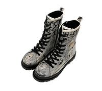 DOGO Femme Cuir Vegan Gris Bottes longues à glissière - Bottes de Mode Décontractées Confortables Faites à la Main, Spooky Town Motif