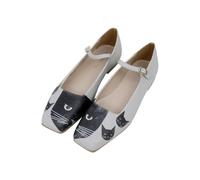 DOGO Femme Cuir Vegan Gris Chaussures Plates - The Many Faces of a Cat Motif