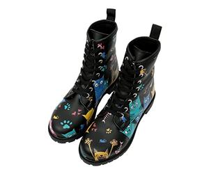 DOGO Femme Cuir Vegan Noir Bottes Longues - Bottes de Mode Décontractées Confortables Faites à la Main, Cat Lovers Motif