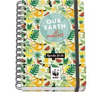 Dohe - Agenda scolastica 2025 2026, vista settimanale, formato A5 (15 x 21 cm), spagnolo e inglese, doppia rilegatura a spirale e fascia elastica, copertina rigida, 4 fogli adesivi - WWF Tropic