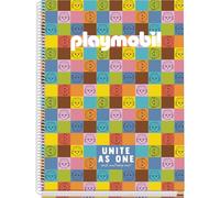 DOHE Playmobil Unite As One - Quaderno a quadretti, formato A4, 100 fogli, spessore 90 g/m², dimensioni 22,8 x 30 cm, copertina rigida, raccoglitore ad anelli, quadrato da 5 mm, materiale scolastico