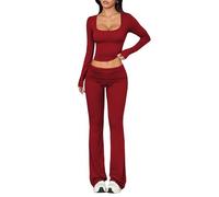 dohomiryo Tuta Donna Casual 2 Pezzi Completi Sportiva Maniche Lunghe Scollo a U Wrap Top e Pantaloni a Gamba Larga Slim Fit Tute da Ginnastica Lounge Set per Jogging Yoga Fitness Bordeaux XL