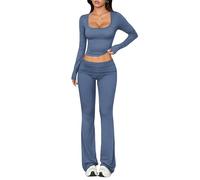 dohomiryo Tuta Donna Casual 2 Pezzi Completi Sportiva Maniche Lunghe Scollo a U Wrap Top e Pantaloni a Gamba Larga Slim Fit Tute da Ginnastica Lounge Set per Jogging Yoga Fitness Autunno Blu denim XL
