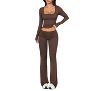 dohomiryo Tuta Donna Casual 2 Pezzi Completi Sportiva Maniche Lunghe Scollo a U Wrap Top e Pantaloni a Gamba Larga Slim Fit Tute da Ginnastica Lounge Set per Jogging Yoga Fitness Marrone L
