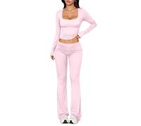 dohomiryo Tuta Donna Casual 2 Pezzi Completi Sportiva Maniche Lunghe Scollo a U Wrap Top e Pantaloni a Gamba Larga Slim Fit Tute da Ginnastica Lounge Set per Jogging Yoga Fitness Rosa L
