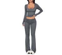 dohomiryo Tuta Donna Casual 2 Pezzi Completi Sportiva Maniche Lunghe Scollo a U Wrap Top e Pantaloni a Gamba Larga Slim Fit Tute da Ginnastica Lounge Set per Jogging Yoga Fitness Grigio scuro M
