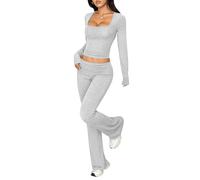 dohomiryo Tuta Donna Casual 2 Pezzi Completi Sportiva Maniche Lunghe Scollo a U Wrap Top e Pantaloni a Gamba Larga Slim Fit Tute da Ginnastica Lounge Set per Jogging Yoga Fitness Grigio M