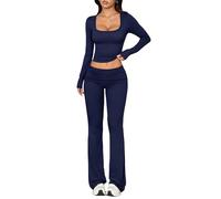 dohomiryo Tuta Donna Casual 2 Pezzi Completi Sportiva Maniche Lunghe Scollo a U Wrap Top e Pantaloni a Gamba Larga Slim Fit Tute da Ginnastica Lounge Set per Jogging Yoga Fitness Autunno blu navy M