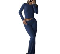dohomiryo Tuta Donna Casual 2 Pezzi Completi Sportiva top a maniche lunghe e pantaloni a gamba larga, set da salotto morbido coordinato blu navy 3XL