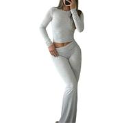 dohomiryo Tuta Donna Casual 2 Pezzi Completi Sportiva top a maniche lunghe e pantaloni a gamba larga, set da salotto morbido coordinato Grigio XS