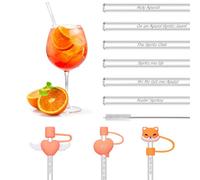DOINEUFL Aperol Spritz - Cannucce in vetro riutilizzabili, 6 pezzi, 20 cm, riutilizzabili, cannucce divertenti, 6 tappi di paglia antipolvere + spazzola per la pulizia, non fragili, adatte per feste e