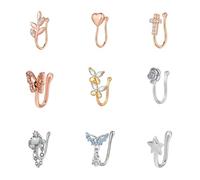 DOINEUFL Set di 9 finti anelli per naso e orecchini a clip da donna, gioielli non forati, orecchini per naso e orecchie regolabili, con (pendente, stella, diamanti)