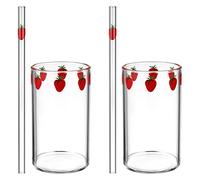 DOITOOL 2 Set Di Tazze Alla Fragola Tazze In Cannuccia Da 300 Ml Delizioso Bicchiere In Con Cannuccia Simpatica Bottiglia In Con Motivo Fragola Tazze Trasparenti Alla
