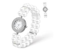 DOITOOL Orologio da Donna con Doppia Serie di Perle e Bracciale Elastico Bianco in Lega Plastica, Accessorio Versatile per Feste di Natale Elegante e Vintage