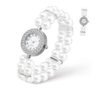 DOITOOL Orologio Donna con Bracciale, Doppia Serie di Perline Elastiche | Stile Elegante Vintage, Plastico e Lega, Bianco, per Feste di Natale e Donne
