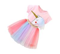 DOITOOL Set Costume da Unicorno Bambina Gonna Arcobaleno in Cotone Rosa, Vestito Carnevale Bimba Confortevole e Morbido per Festa Cosplay a Casa
