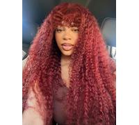 Doiwile Parrucca riccia bordeaux con frangia, capelli umani 4 x 4 HD, senza colla, capelli umani ricci ondulati, con frangia, per donne nere (bordeaux, 61 cm)