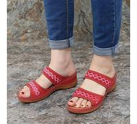 DOIX Sandali Piatti Ricamati in Pelle da Donna Estate Mocassino Zoccoli Pantofole Supporto per L'Arco Scarpe Mocassini Muli Scarpe da Passeggio da Spiaggia Antiscivolo,Rosso,US8/EU39