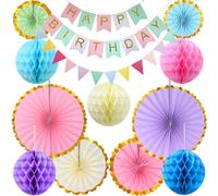 DOJoykey Set di decorazioni per feste di compleanno pastello, ventagli di carta appesi, palline a nido d'ape, striscione 'Buon Compleanno', bandierine per decorazioni per feste di compleanno