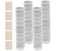 Dokeno 40pcs Misurini in Plastica, 30ml Bicchiere di Miscelazione di Plastica Misurini Graduati in Plastica Trasparente con 50 Bastoncini di Legno per Miscelare Vernice Macchia Resina