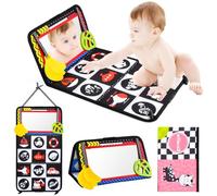 Dokeno Giochi Montessori Neonato 0 3 6 12 Mesi, Specchio Pieghevole e Libro di Stoffa Sensoriale, Tummy Time, Bianco e Nero con Massaggiagengive, Giocattolo Educativo per Neonati e Bambini