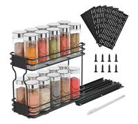 Dokeno Porta Spezie per Cucina, 2 Livelli Portaspezie Allungabile con Slitta Range di Allungamento 27-42cm, Portaspezie per L'Interno dell'Armadio, Portaspezie da Appoggio per Armadietti, Nero