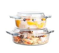 Dokeno Set di 2 Casseruola in Vetro, Pirofila in Vetro, 1L + 1.5L, Casseruola Rotonda, Pentole in Vetro per Microonde, Pirofile in Vetro con Coperchio e Manici, Pirofila Vetro per Lasagne