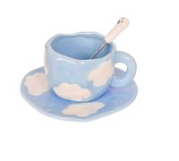 Dokeno Set di Tazza e Piattino da Caffè, Tazza da Caffè in Ceramica, 250 ml Set di Tazza da Caffè da Cielo Blu e Nuvole Bianche con Piattino e Cucchiaio per Casa e Ufficio, Regalo per Donne e Ragazze