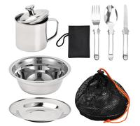 Dokeno Set Piatti Bicchieri e Posate Campeggio, Set di Stoviglie da Campeggio in Acciaio Inox con Piatto Ciotola Tazza Forchette Cucchiai Coltelli, Kit Stoviglie per Picnici Viaggio Trekking (8 Pezzi)