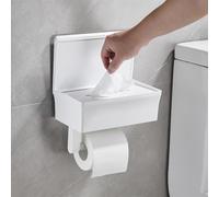 DOKKOME Portarotolo carta igienica con contenitore per salviette umidificate, senza foratura, porta rotolo di carta igienica con ripiano per bagno, autoadesivo o forato, bianco