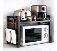 Dokpav Scaffalo per microonde estensibile a due livelli | Organizzatore cucina acciaio carbonio, altezzalunghezza regolabili H33-43 L40-64 cm, 6 ganci e supporto tagliere inclusi