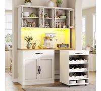 Dolamaní 180 cm di altezza, credenza con illuminazione a LED e porta USB, armadietto alto a buffet con carrello a rotelle, scaffale per bicchieri da vino e portabottiglie (bianco)