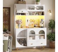 Dolamaní Armadio da cucina, buffet con illuminazione a LED, porte USB e prese, parete forata, cassetto e ripiani in vetro, 120 x 40 x 176 cm, le sue porte semicircolari, per cucina, soggiorno (bianco)