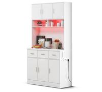 Dolamaní Armadio da cucina con illuminazione a LED con telecomando, ripiani regolabili, fori di gestione dei cavi e prese, buffet da cucina con 6 ante e 3 cassetti MDF, 100 x 40 x 180 cm, bianco (C)