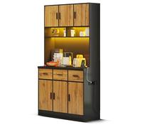 Dolamaní Armadio da cucina con illuminazione a LED con telecomando, ripiani regolabili, fori di gestione dei cavi e prese, buffet da cucina con 6 ante e 3 scuole MDF, nero+naturale (D)