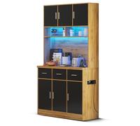 Dolamaní Armadio da cucina con illuminazione a LED con telecomando, ripiani regolabili, fori di gestione dei cavi e prese, buffet da cucina con 6 ante e 3 scuole MDF, nero+naturale (E)