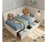 Dolamaní Divano letto imbottito 90 x 200 cm con USB e lampada da lettura, letto con 2 cassetti, letto in velluto, lettino per ragazzi con rete a doghe, senza materasso (beige B)