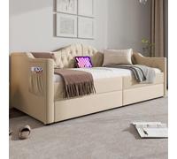 Dolamaní Divano letto piccolo con funzione letto 90 x 200 cm, beige, largo, per camera dei ragazzi, 3 posti, con funzione letto e funzione sonno, cassettiera con 2 cassetti, larghezza 90 cm