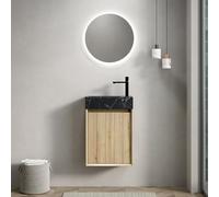 Dolamaní Lavabo con mobiletto da 40 cm, sospeso, in marmo nero con motivo in pietra, armadi in compensato con strisce, una porta, legno di quercia (A)