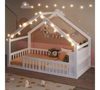 Dolamaní Lettino 90 x 190 cm, letto a pavimento con protezione anti-caduta e rete a doghe, letto in legno, letto per ragazzi e ragazze, telaio del letto, senza materasso (bianco)