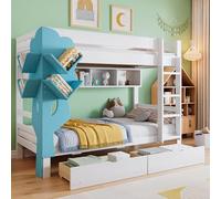 Dolamaní Lettino creativo, letto a soppalco per bambini con libreria a forma di albero, 2 cassetti con ruote, struttura del letto in legno di pino, ripiano aperto, protezione dalle cadute (bianco+blu