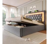 Dolamaní Letto 140 x 200 cm in velluto, letto matrimoniale con LED nella testiera, cassetta idraulica con vano portaoggetti, moderno letto per ragazzi con rete a doghe e USB, letto imbottito, senza